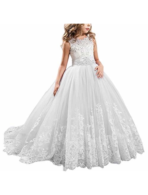 FYMNSI Flowers Girls Applique Tulle Lace Wedding Dress First Communion Birthday Christmas Prom Ball Gown 2-13T