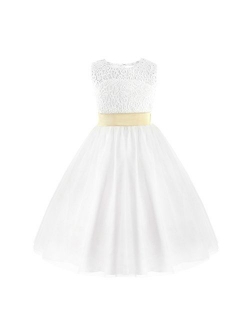 FEESHOW Crochet Lace Flower Girl Dress Kids First Communion Wedding Party Dress with Bow Sash