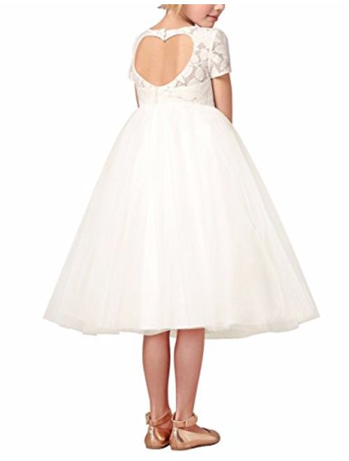 FEESHOW Crochet Lace Flower Girl Dress Kids First Communion Wedding Party Dress with Bow Sash