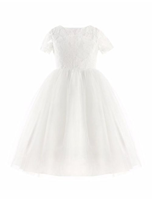 FEESHOW Crochet Lace Flower Girl Dress Kids First Communion Wedding Party Dress with Bow Sash