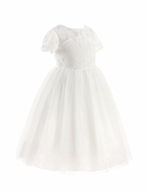 FEESHOW Crochet Lace Flower Girl Dress Kids First Communion Wedding Party Dress with Bow Sash