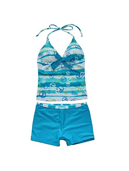 iEFiEL Big Girls Peace Signs Heart Print 2Pcs Tankini Swimwear Bathing Suit