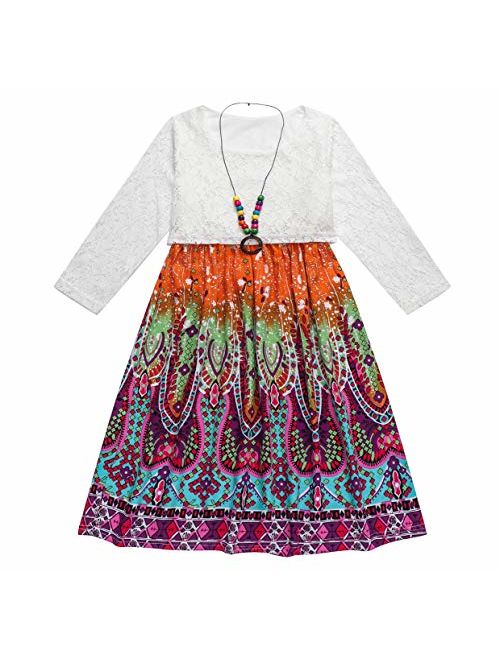 SANGTREE Girls' Floral Dress with Necklace, 18 Month - 13 Years