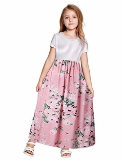 KIMIDY Girl Maxi Dress Kids Casual Striped Floral Long Sleeve Dresses with Pockets(6-12yrs)