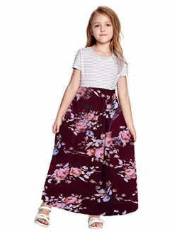 KIMIDY Girl Maxi Dress Kids Casual Striped Floral Long Sleeve Dresses with Pockets(6-12yrs)