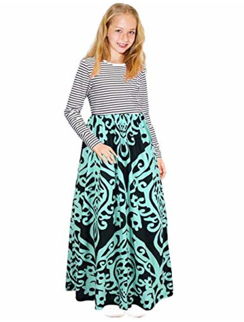 KIMIDY Girl Maxi Dress Kids Casual Striped Floral Long Sleeve Dresses with Pockets(6-12yrs)