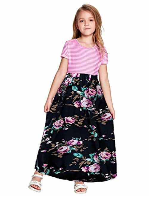 KIMIDY Girl Maxi Dress Kids Casual Striped Floral Long Sleeve Dresses with Pockets(6-12yrs)