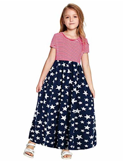 KIMIDY Girl Maxi Dress Kids Casual Striped Floral Long Sleeve Dresses with Pockets(6-12yrs)