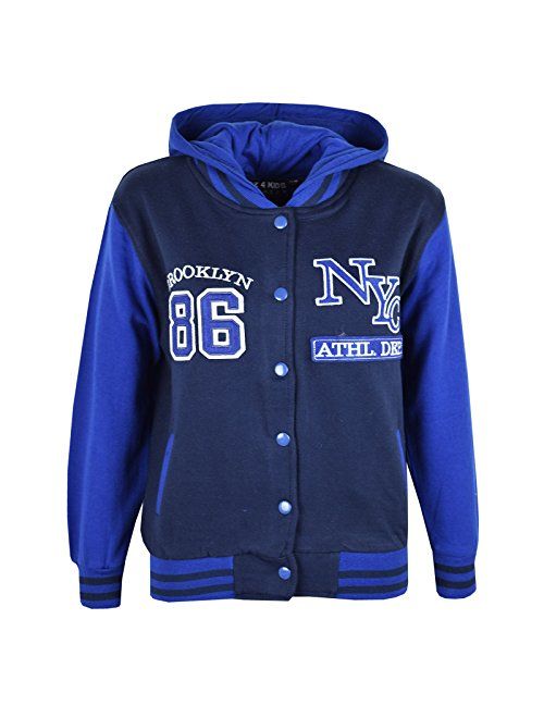 Kids Girls Boys Baseball NYC Athletic Hooded Jacket Varsity Hoodie Age 5-13 Year