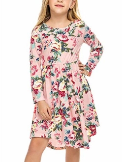 Little Girls Long Sleeve A-Line Boho Dress Floral Print Midi Skater Dress