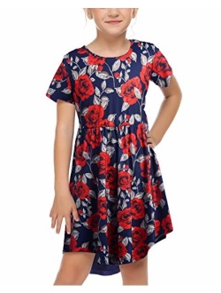 Little Girls Long Sleeve A-Line Boho Dress Floral Print Midi Skater Dress