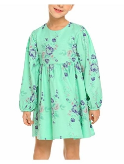 Little Girls Long Sleeve A-Line Boho Dress Floral Print Midi Skater Dress