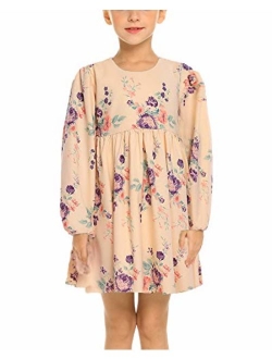 Little Girls Long Sleeve A-Line Boho Dress Floral Print Midi Skater Dress