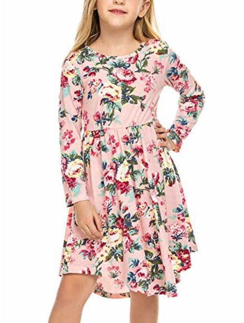 Arshiner Little Girls Long Sleeve A-Line Boho Dress Floral Print Midi Skater Dress