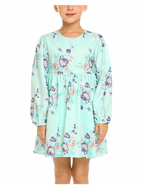 Arshiner Little Girls Long Sleeve A-Line Boho Dress Floral Print Midi Skater Dress