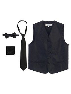 Boy's 4 Piece Formal Paisley Tuxedo Vest, Bowtie, Tie, Pocket Square Set