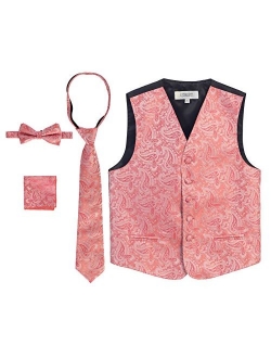 Boy's 4 Piece Formal Paisley Tuxedo Vest, Bowtie, Tie, Pocket Square Set