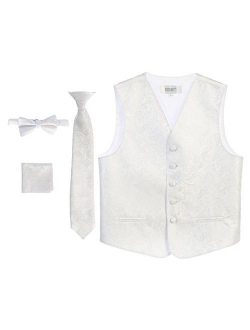 Boy's 4 Piece Formal Paisley Tuxedo Vest, Bowtie, Tie, Pocket Square Set