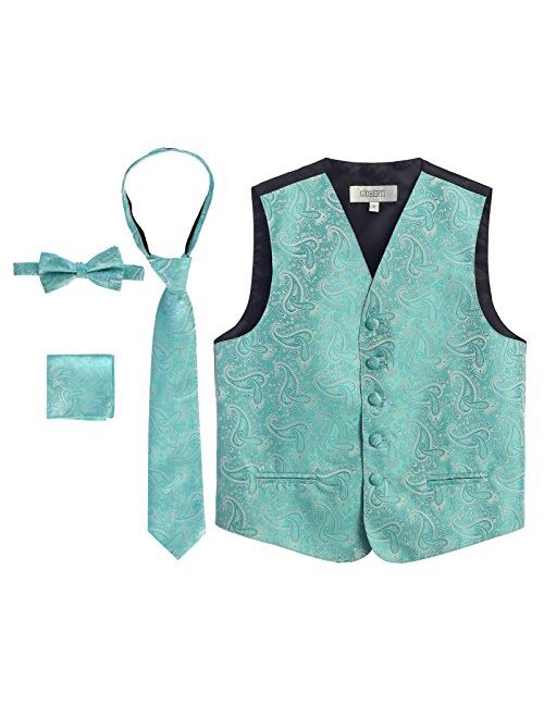 Gioberti Boy's 4 Piece Formal Paisley Tuxedo Vest, Bowtie, Tie, Pocket Square Set