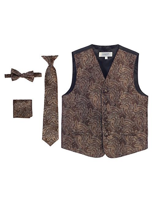 Gioberti Boy's 4 Piece Formal Paisley Tuxedo Vest, Bowtie, Tie, Pocket Square Set