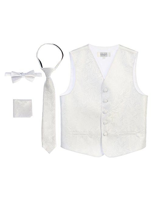 Gioberti Boy's 4 Piece Formal Paisley Tuxedo Vest, Bowtie, Tie, Pocket Square Set