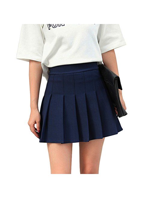 Hoerev Women Girls Short High Waist Knife Pleated Skater Tennis School Skirt