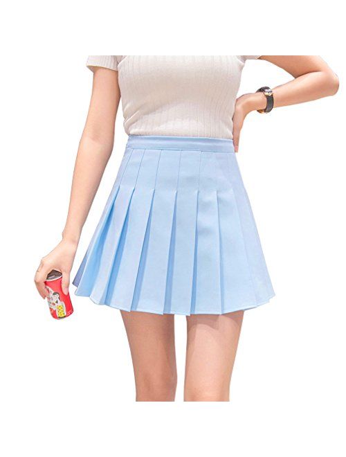 Hoerev Women Girls Short High Waist Knife Pleated Skater Tennis School Skirt