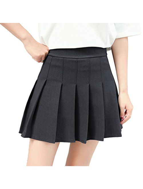 Hoerev Women Girls Short High Waist Knife Pleated Skater Tennis School Skirt