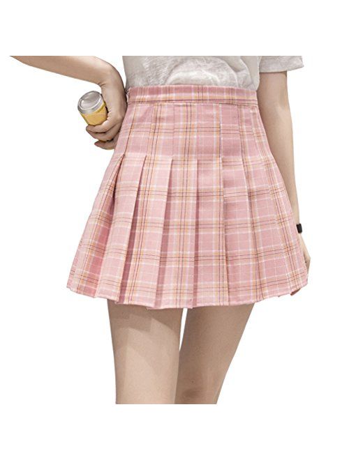 Hoerev Women Girls Short High Waist Knife Pleated Skater Tennis School Skirt