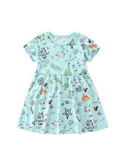 Hongshilian Girls Summer Casual Dress Cotton Short-Sleeved Cute Cartoon T-Shirt Dresses