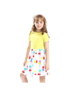 Hongshilian Girls Summer Casual Dress Cotton Short-Sleeved Cute Cartoon T-Shirt Dresses