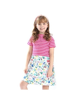 Hongshilian Girls Summer Casual Dress Cotton Short-Sleeved Cute Cartoon T-Shirt Dresses