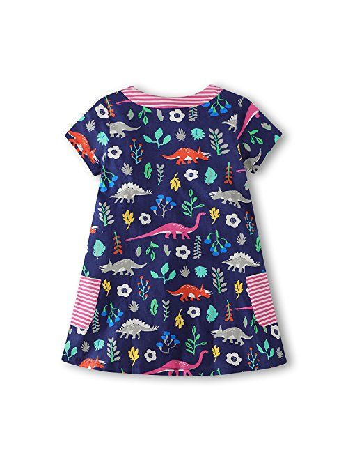 Hongshilian Girls Summer Casual Dress Cotton Short-Sleeved Cute Cartoon T-Shirt Dresses