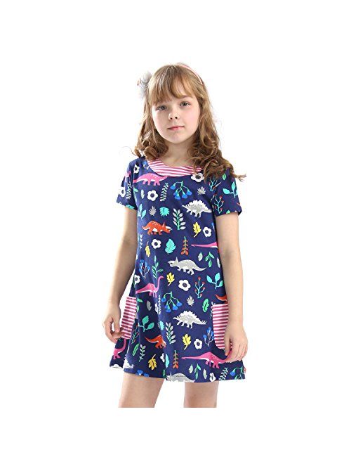 Hongshilian Girls Summer Casual Dress Cotton Short-Sleeved Cute Cartoon T-Shirt Dresses