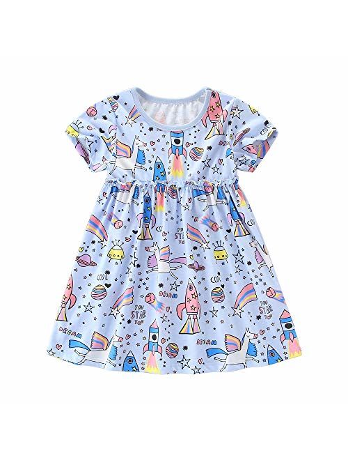 Hongshilian Girls Summer Casual Dress Cotton Short-Sleeved Cute Cartoon T-Shirt Dresses