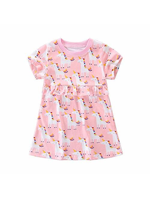 Hongshilian Girls Summer Casual Dress Cotton Short-Sleeved Cute Cartoon T-Shirt Dresses