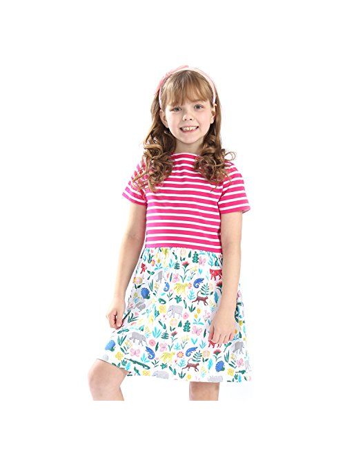 Hongshilian Girls Summer Casual Dress Cotton Short-Sleeved Cute Cartoon T-Shirt Dresses