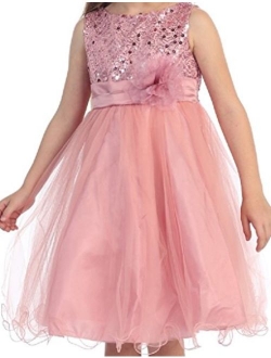 Sequin Glitter Round Neck Tulle Overlaid Little Flower Girls Dresses