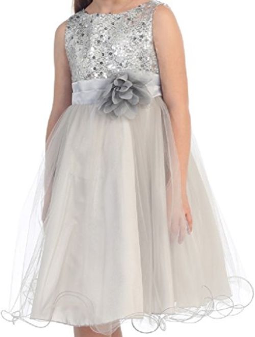 Sequin Glitter Round Neck Tulle Overlaid Little Flower Girls Dresses