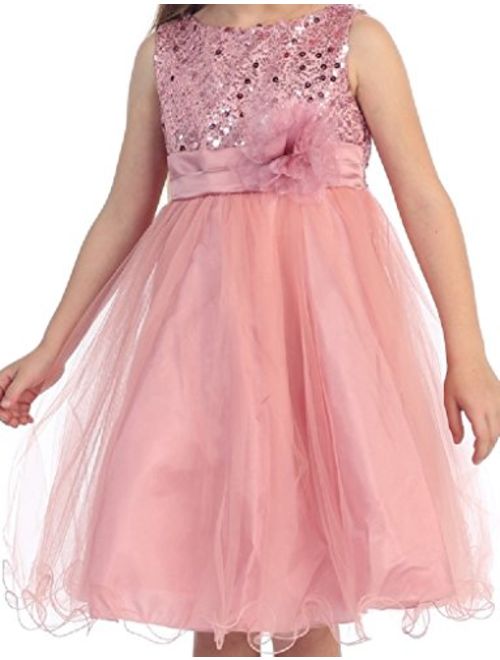 Sequin Glitter Round Neck Tulle Overlaid Little Flower Girls Dresses