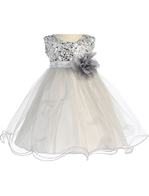 Sequin Glitter Round Neck Tulle Overlaid Little Flower Girls Dresses