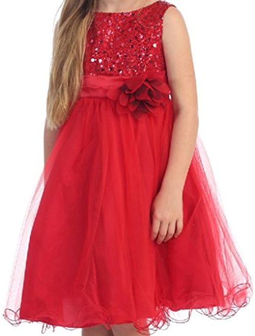 Sequin Glitter Round Neck Tulle Overlaid Little Flower Girls Dresses