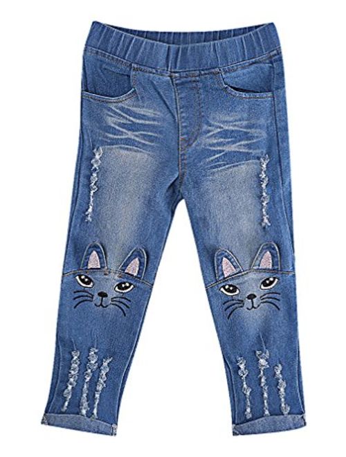 Sweety, Girls' Trendy Soft Cat Face Ears Appliques Tears Denim Skinny Jeans