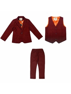 Boys Plaid Gray Blue Red Suit Set with Grid 3 Pieces Jacket Vest Pants Set