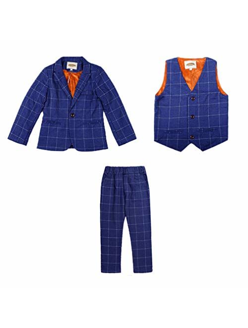 Boys Plaid Gray Blue Red Suit Set with Grid 3 Pieces Jacket Vest Pants Set