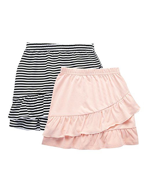 UNACOO 2 Packs 100% Cotton Tiered Ruffle Skirt with Elastic Waistband for Girls