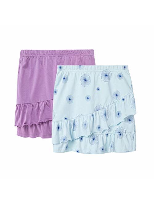 UNACOO 2 Packs 100% Cotton Tiered Ruffle Skirt with Elastic Waistband for Girls