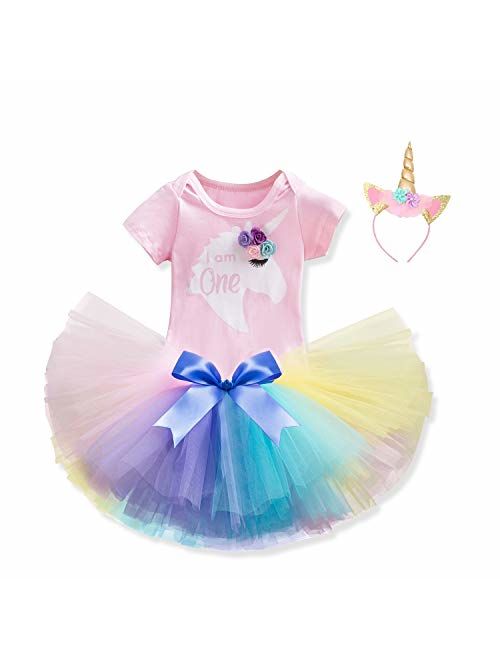 TTYAOVO Baby Girl 1st Birthday 3pcs Unicorn Outfits with Headband & Romper & Skirts