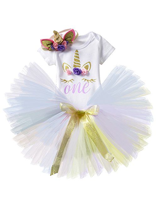 TTYAOVO Baby Girl 1st Birthday 3pcs Unicorn Outfits with Headband & Romper & Skirts