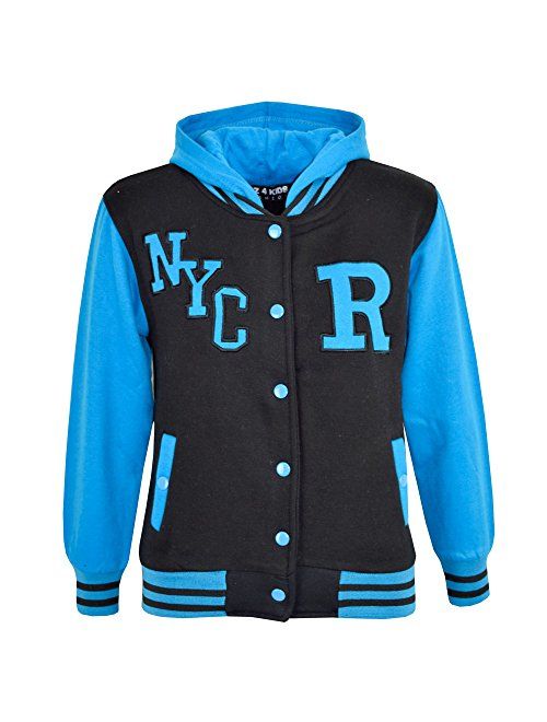 Kids Girls Boys R Fashion NYC Baseball Hooded Jacket Varsity Hoodie 5-13 Years